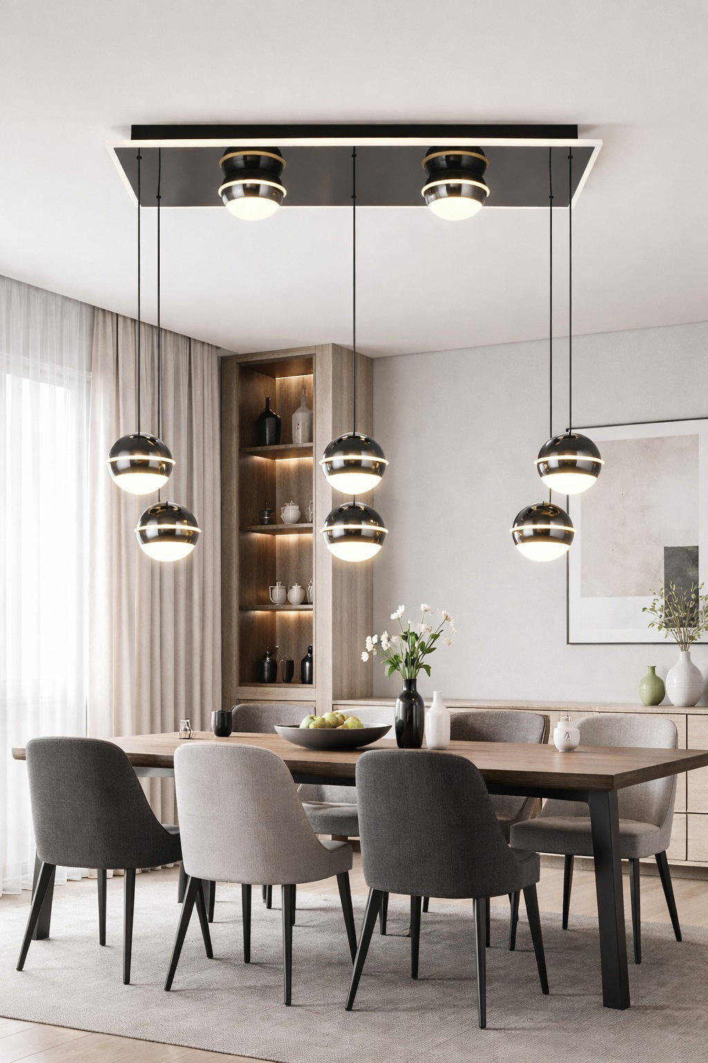 Moderne LED-Pendelleuchte über einem Esstisch, seitliche Perspektive