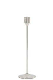 Eleganter silberner Kerzenständer aus Metall, frontal abgebildet.