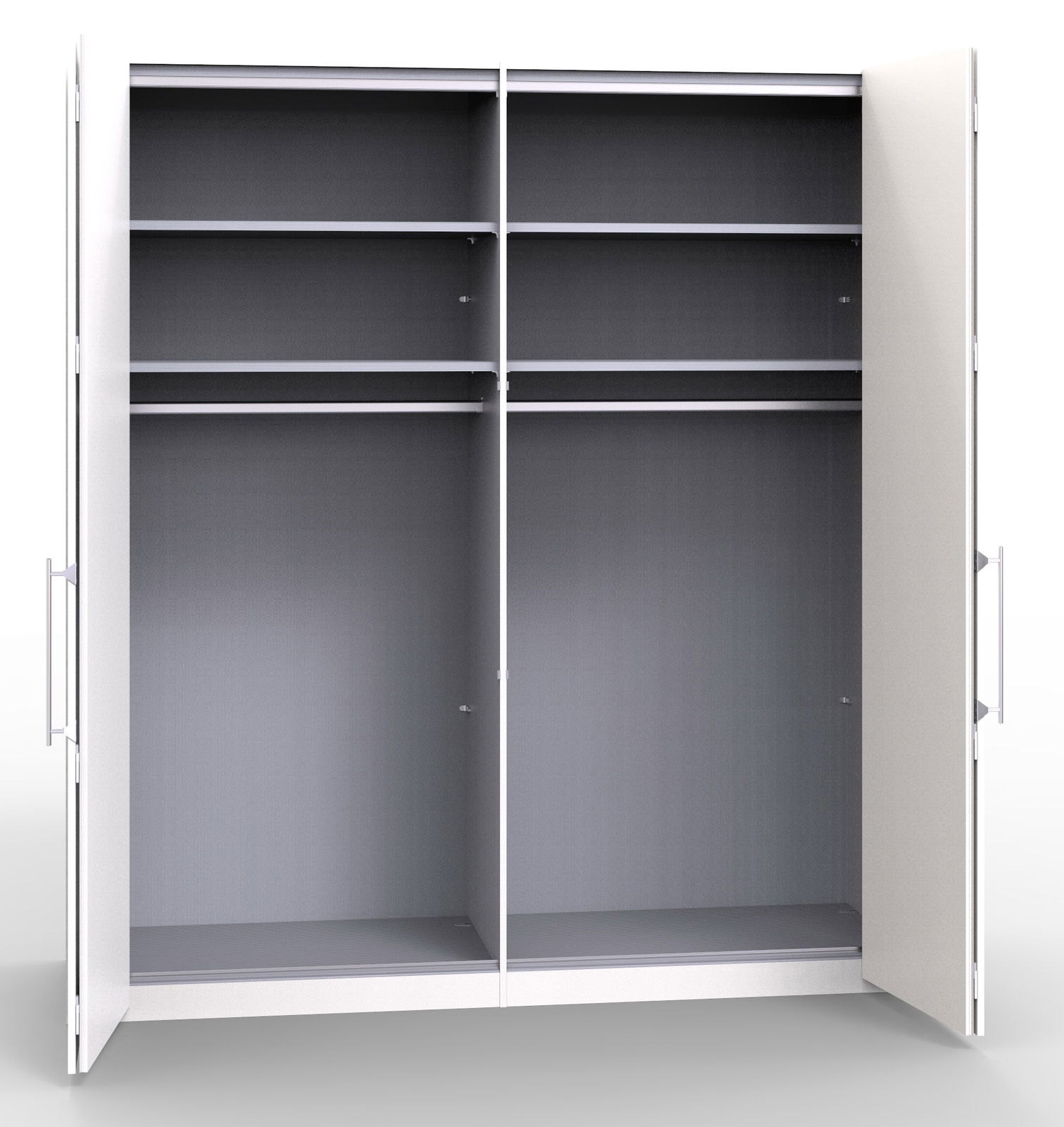 Offener Panoramaschrank mit zwei Türen, Innenansicht mit mehreren Regalböden, frontale Perspektive