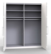 Offener Panoramaschrank mit zwei Türen, Innenansicht mit mehreren Regalböden, frontale Perspektive