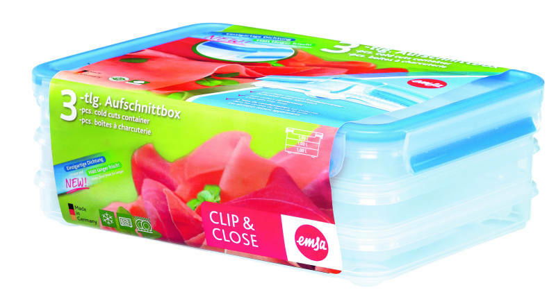 Aufschnittbox CLIP & CLOSE 1 L, dreiteilig, mit blauem Deckel, seitliche Perspektive