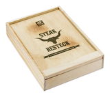 Holzbox mit Steakbesteck-Set, bestehend aus 6 Steakmessern und 6 Stekgabeln, von oben betrachtet.