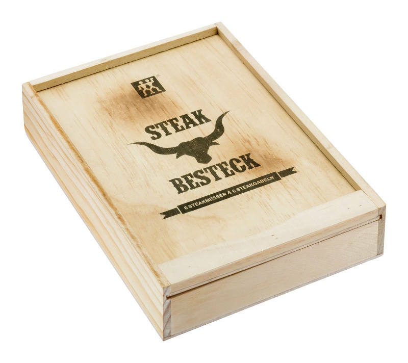 Holzbox mit Steakbesteck-Set, bestehend aus 6 Steakmessern und 6 Stekgabeln, von oben betrachtet.