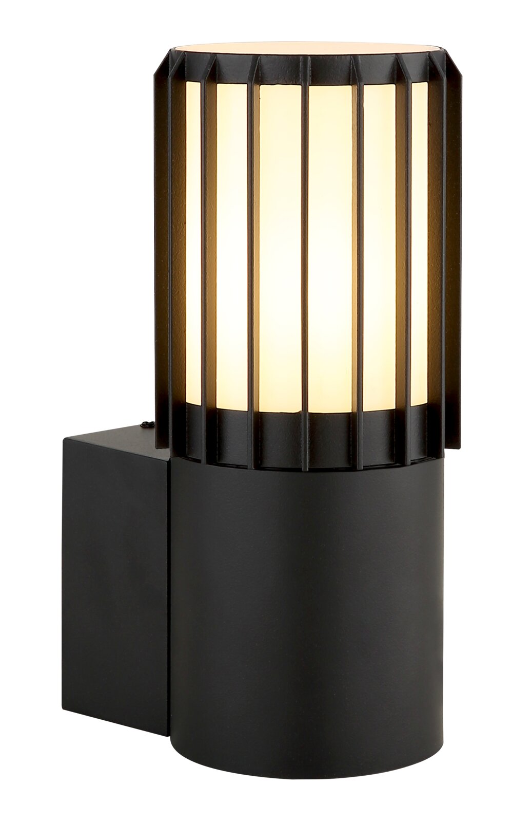 Zwarte, moderne buitenwandlamp met cilindrische lichtverspreider en verticale steunen, warmwitte lichtkleur, vrijstaand op een witte achtergrond, vooraanzicht lichtjes van links