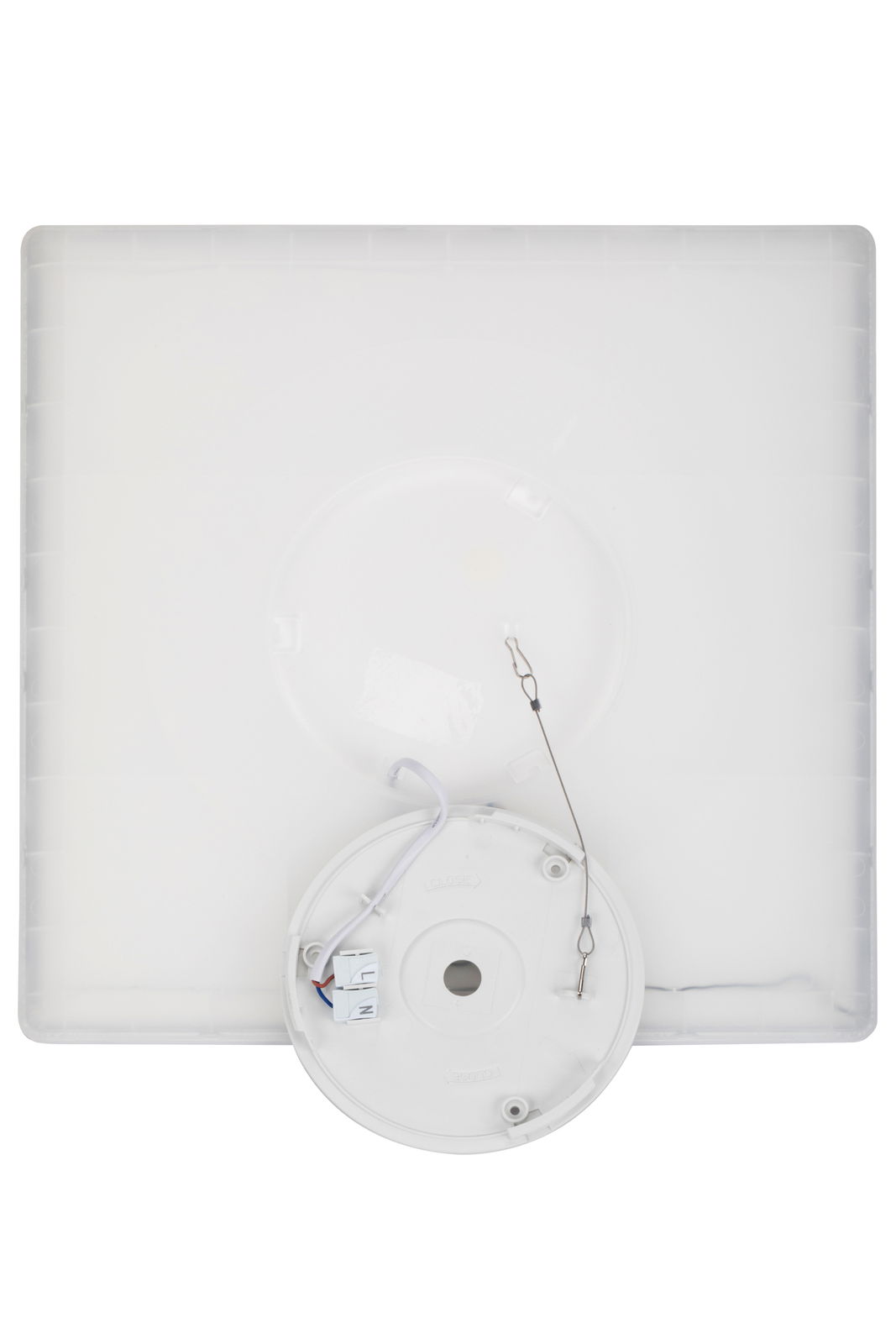 LED-Deckenleuchte von unten mit sichtbarer Montageplatte und Kabelanschlüssen