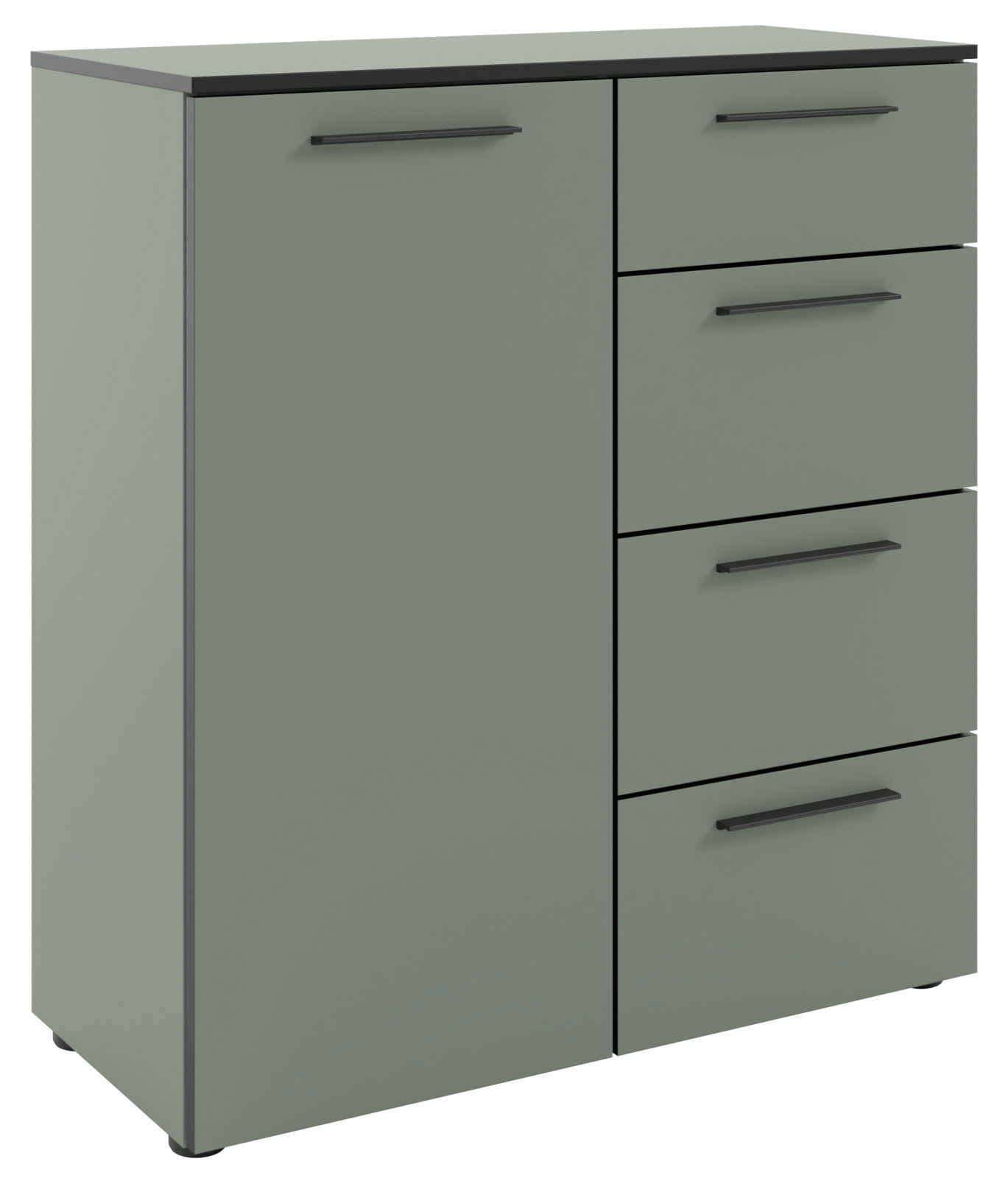 Grüne Kommode mit vier Schubladen und einer Tür, seitliche Perspektive