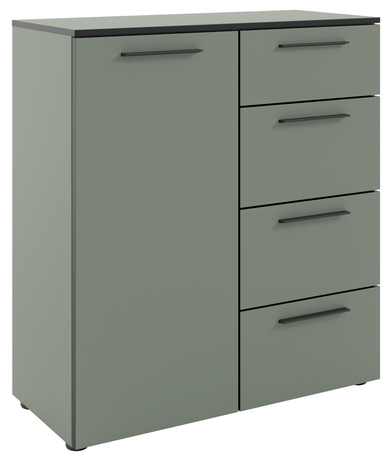 Novel Kommode SOUL Grüne Kommode mit vier Schubladen und einer Tür, seitliche Perspektive