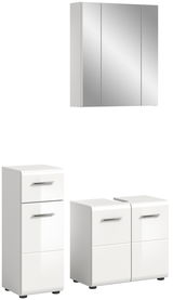 Badezimmermöbel-Set bestehend aus einem Spiegelschrank und zwei weißen Unterschränken, frontal betrachtet.