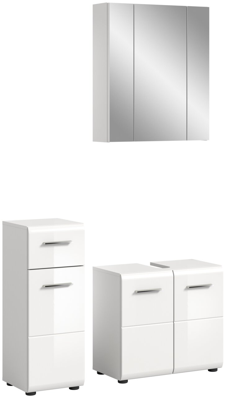 MID.YOU Badkombination ICE Badezimmermöbel-Set bestehend aus einem Spiegelschrank und zwei weißen Unterschränken, frontal betrachtet.