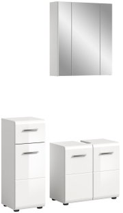 Badezimmermöbel-Set bestehend aus einem Spiegelschrank und zwei weißen Unterschränken, frontal betrachtet.