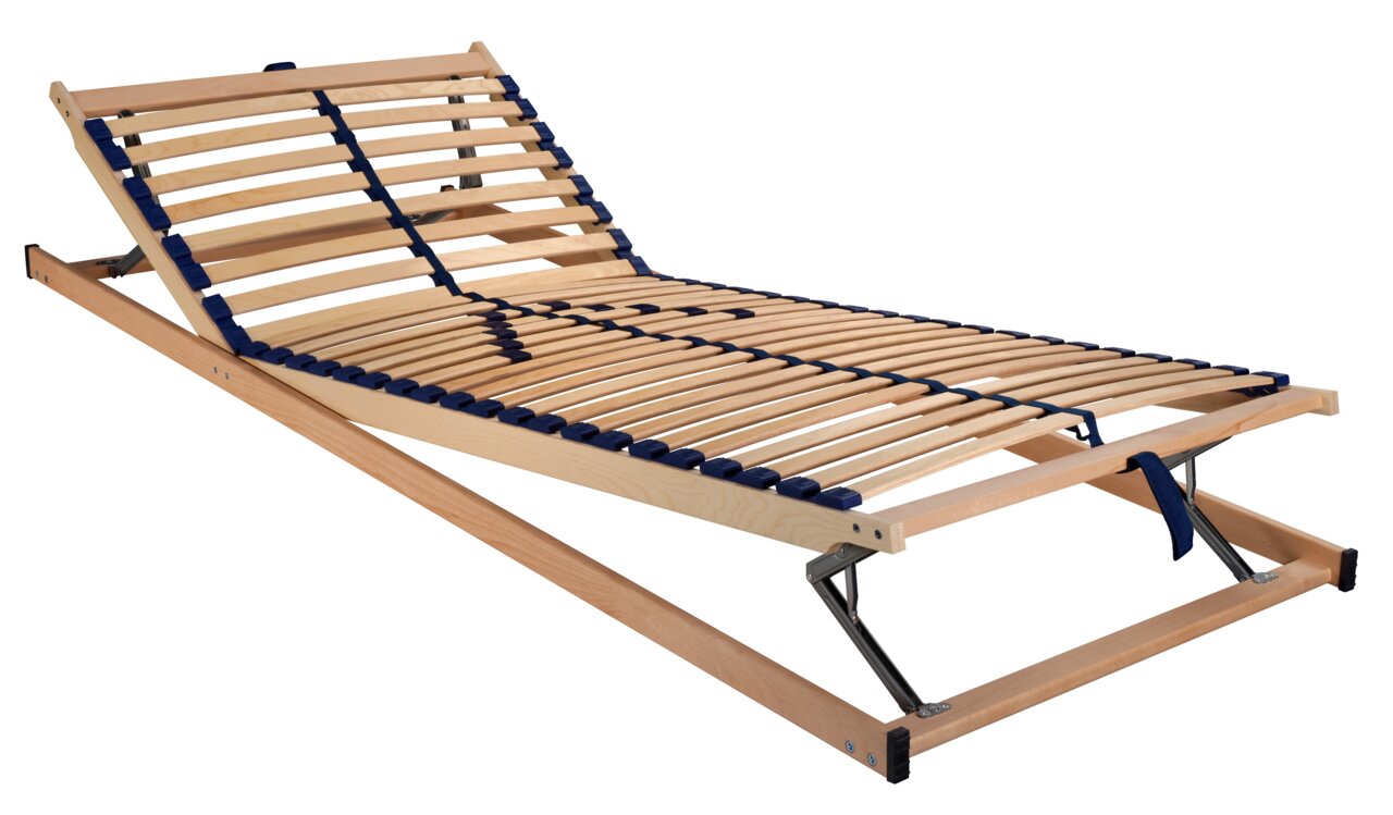 Federholzrahmen 90x210 KF aus Holz mit verstellbarem Kopf- und Fußteil, seitliche Perspektive
