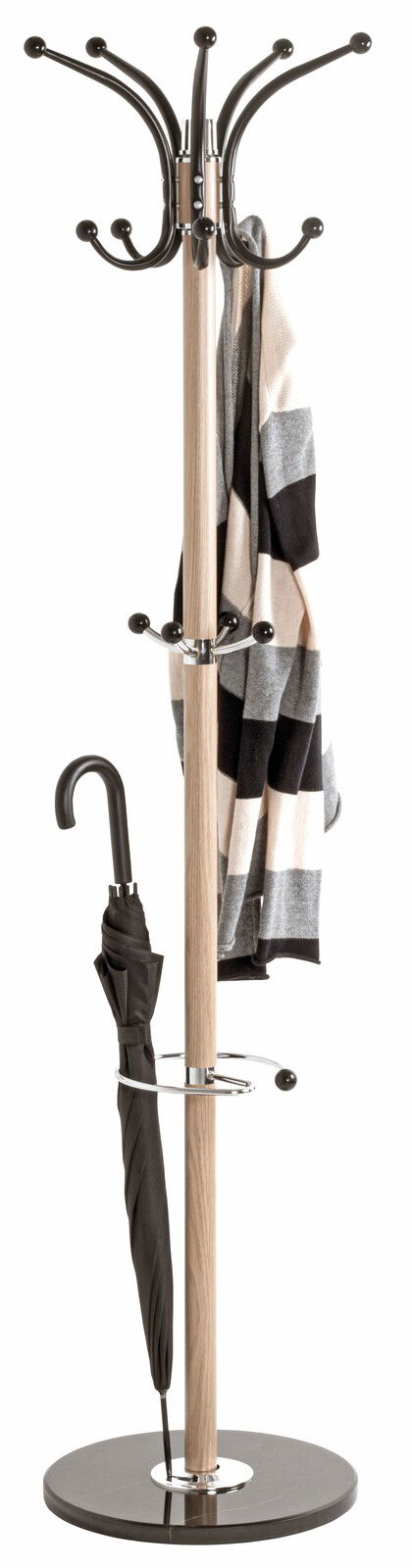 Moderner Garderobenständer aus Holz mit schwarzem Schirm und gestreiftem Schal, frontal abgebildet.