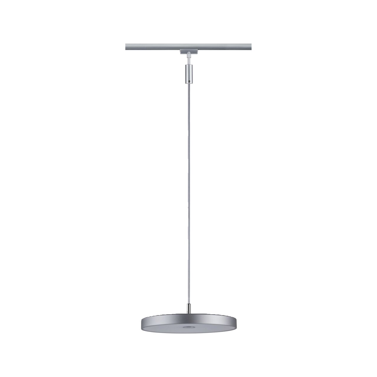 Schienenpendel Hildor in silberner Farbe, von vorne betrachtet, mit einem schlanken, runden Design und einer Aufhängung an einem dünnen Kabel.