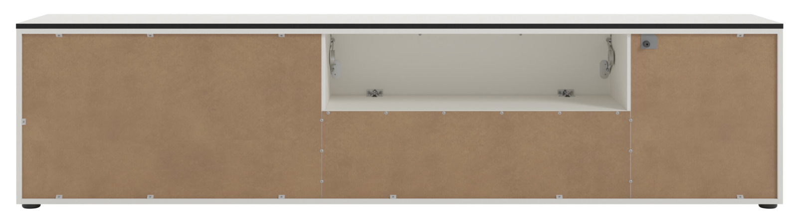 Frontansicht eines XL-TV-Lowboards mit offenen Fächern und brauner Holzoptik.