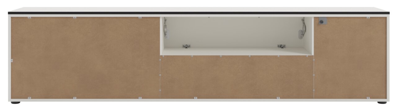 Frontansicht eines XL-TV-Lowboards mit offenen Fächern und brauner Holzoptik.