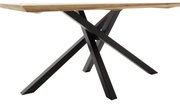 Moderner Esstisch mit Holztischplatte und schwarzen, gekreuzten Metallbeinen, seitliche Perspektive.