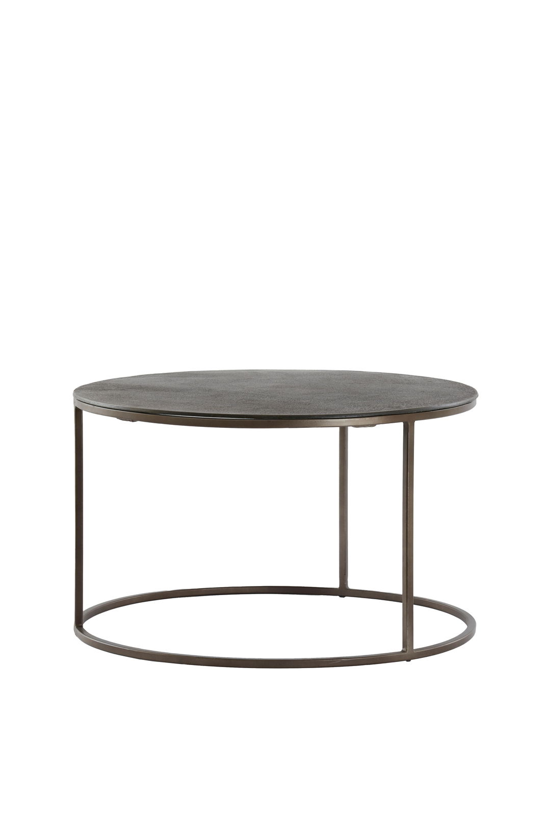 Runder Couchtisch mit dunkler Tischplatte und filigranem Metallgestell, seitliche Perspektive.