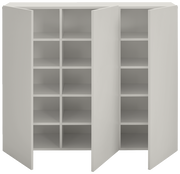 Moderner weißer Hängeschuhschrank mit zwei offenen Türen und mehreren Regalfächern, Frontalansicht