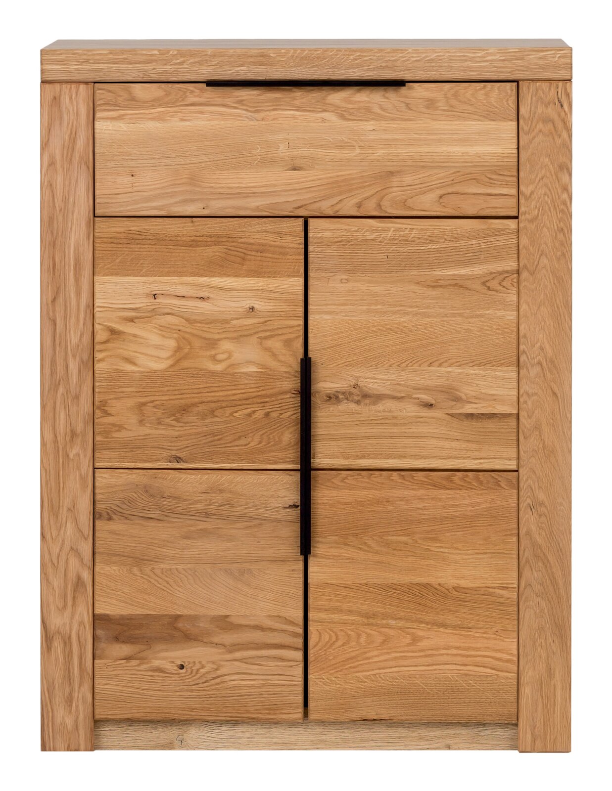 Houten schoenenkast met twee deuren en een lade, vooraanzicht