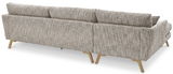 Rückansicht eines modernen Ecksofas mit hellgrauem Stoffbezug und Holzfüßen, Perspektive von hinten.