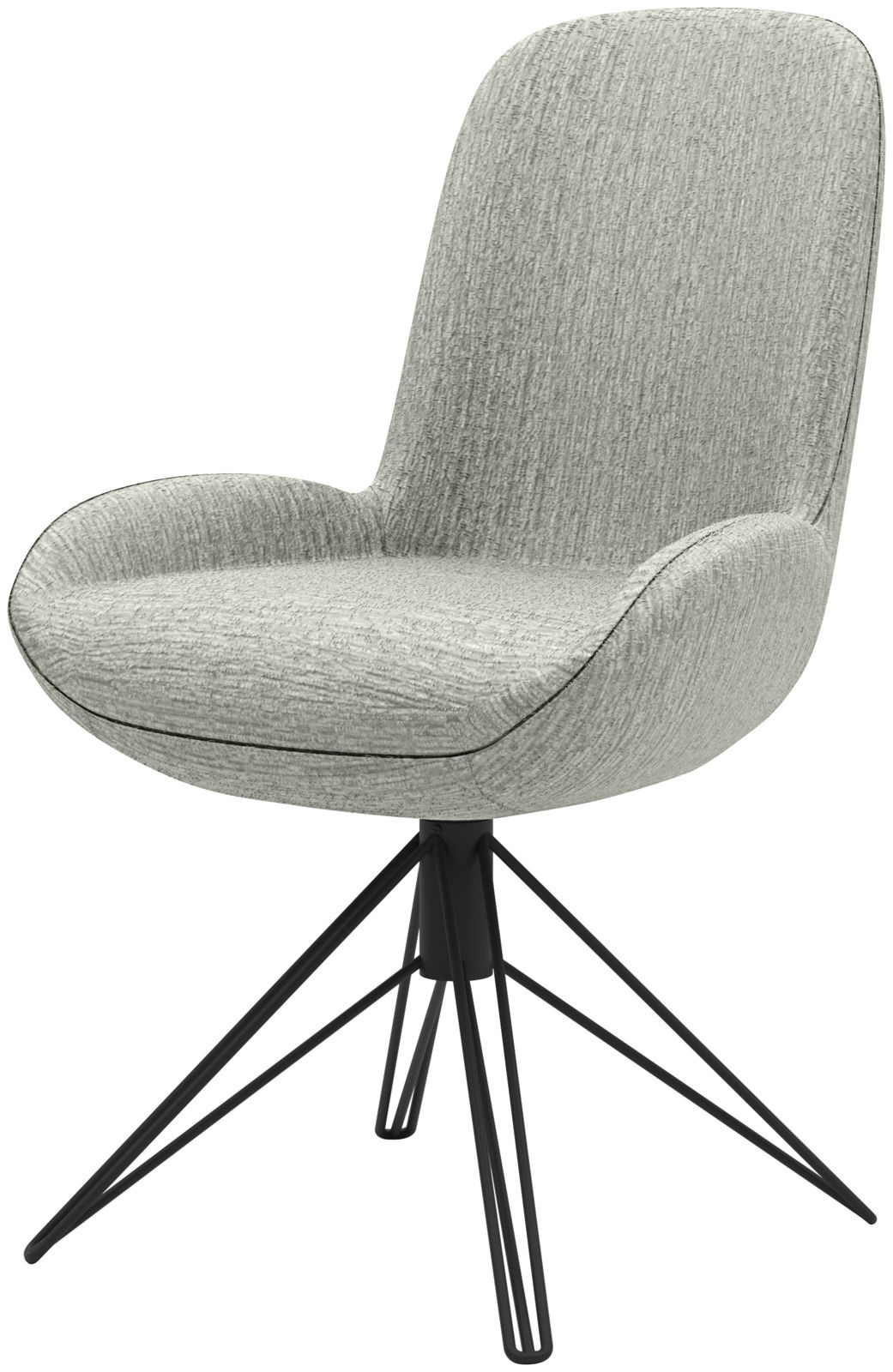 Moderner grauer Stuhl mit gepolsterter Sitzfläche und schwarzem Metallgestell, seitliche Perspektive
