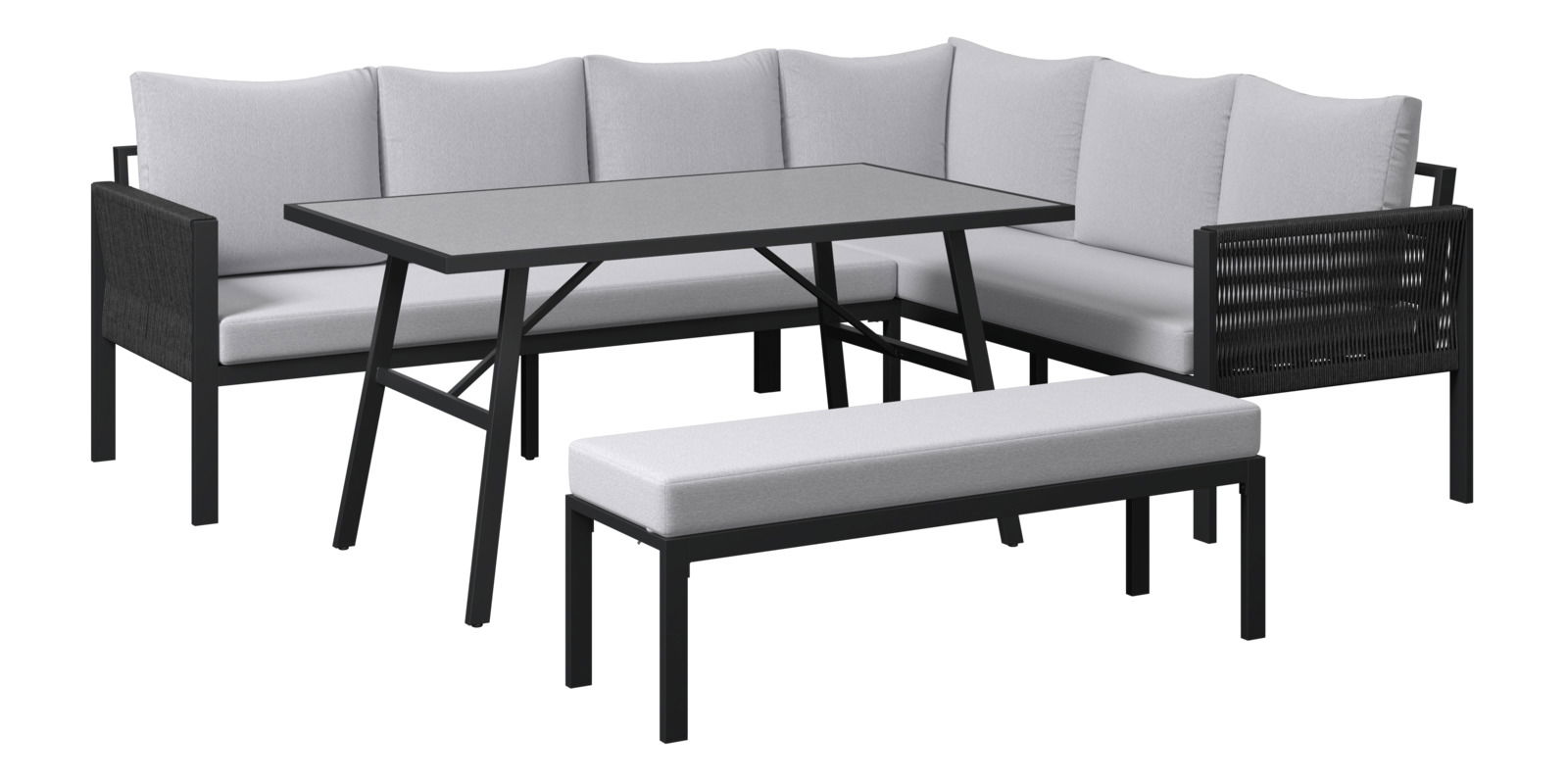 Gartenlounge-Set mit Ecksofa, Tisch und Bank in moderner Perspektive