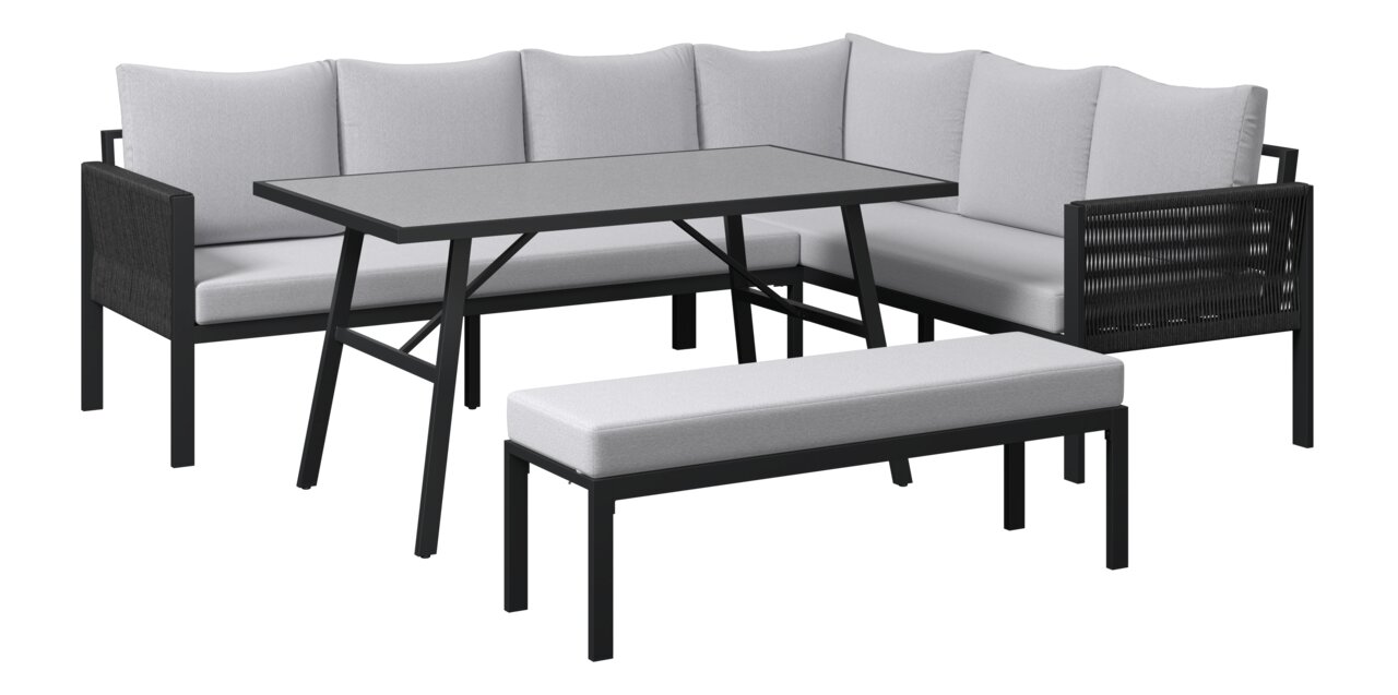 Gartenlounge-Set mit Ecksofa, Tisch und Bank in moderner Perspektive