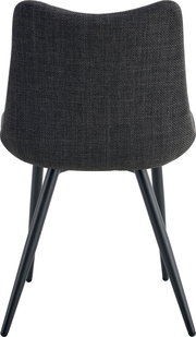 Dunkelgrauer, gepolsterter Polsterstuhl mit Stoffbezug und schwarzen Metallbeinen, Rückansicht vor weißem Hintergrund