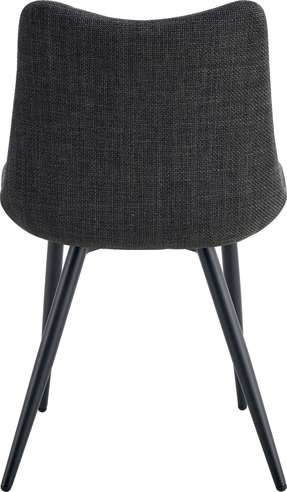 Dunkelgrauer, gepolsterter Polsterstuhl mit Stoffbezug und schwarzen Metallbeinen, Rückansicht vor weißem Hintergrund