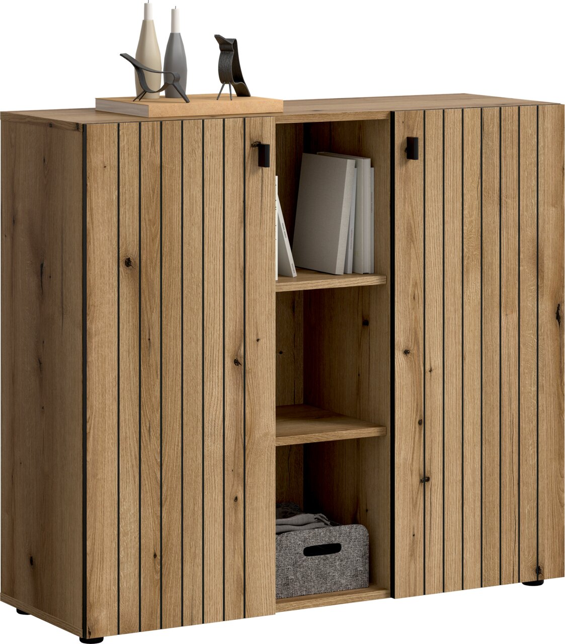 MID.YOU Schuhkommode STATION Modernes Sideboard aus Holzoptik mit vertikalen Lamellen und schwarzen Griffen, mittigem offenen Regal und zwei seitlichen Türen; Ansicht schräg von vorn.
