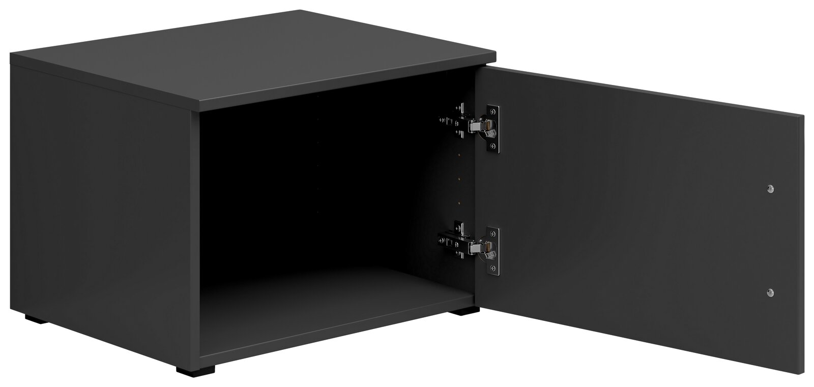 Schwarzer Aufsatzschrank mit geöffneter Tür, seitliche Perspektive