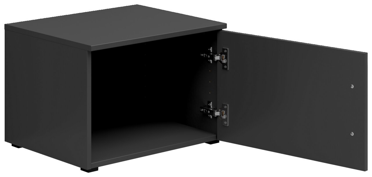 Schwarzer Aufsatzschrank mit geöffneter Tür, seitliche Perspektive