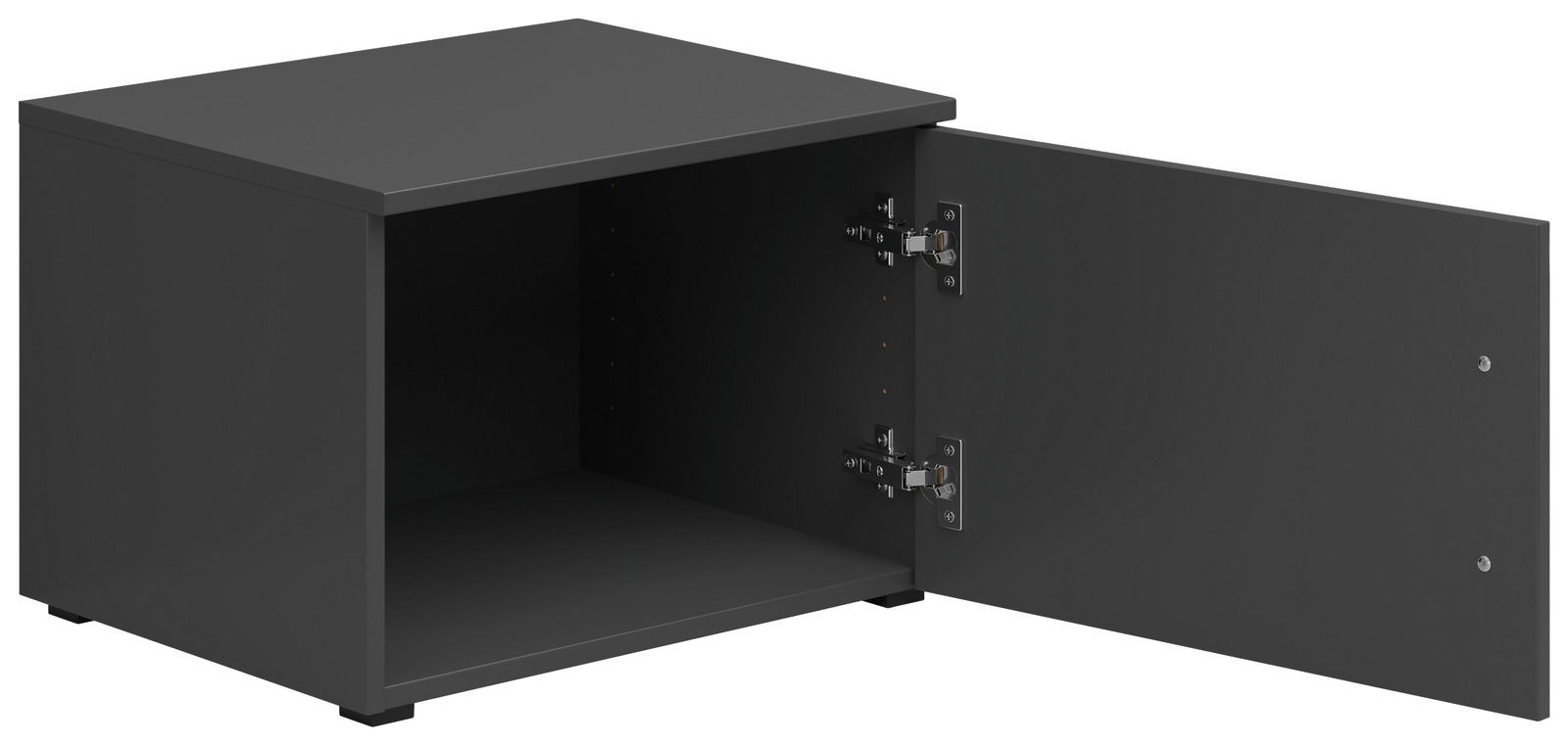 Schwarzer Aufsatzschrank mit geöffneter Tür, seitliche Perspektive