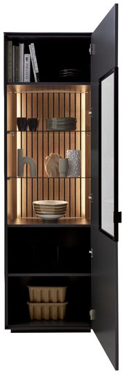 Geöffnete Vitrine mit moderner Innenbeleuchtung, dekorativen Objekten und Büchern, aus der Frontalperspektive betrachtet.