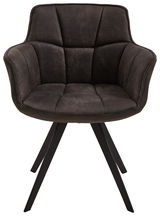 Vorderansicht eines modernen Sessels mit schwarzem Stoffbezug und schwarzen Metallbeinen.