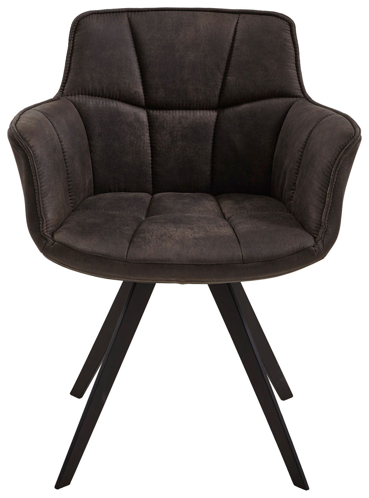 Vorderansicht eines modernen Sessels mit schwarzem Stoffbezug und schwarzen Metallbeinen.