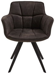 Vorderansicht eines modernen Sessels mit schwarzem Stoffbezug und schwarzen Metallbeinen.