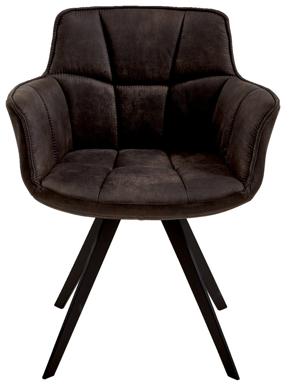 Vorderansicht eines modernen Sessels mit schwarzem Stoffbezug und schwarzen Metallbeinen.