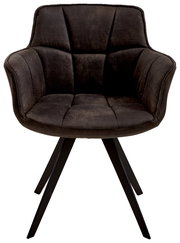 Vorderansicht eines modernen Sessels mit schwarzem Stoffbezug und schwarzen Metallbeinen.