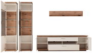Frontale Ansicht einer modernen Wandkombination mit Holz- und Glaselementen, bestehend aus zwei hohen Schränken, einem TV-Board und einem Wandregal.