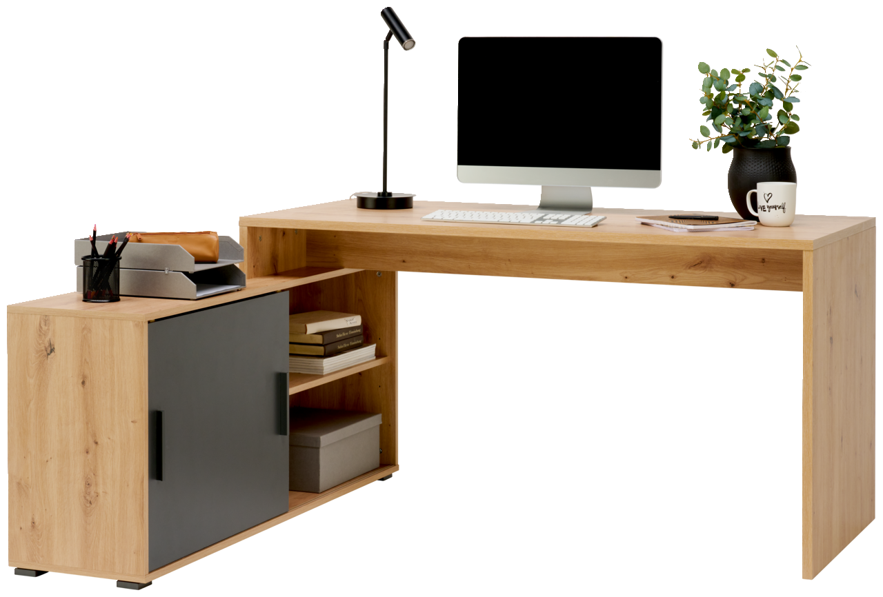 Cantus Home Office Kombination JORIS Moderne Bürokombination aus Holz mit integriertem Stauraum, Computer und Dekorationen, seitliche Perspektive