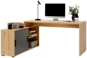 Moderne Bürokombination aus Holz mit integriertem Stauraum, Computer und Dekorationen, seitliche Perspektive