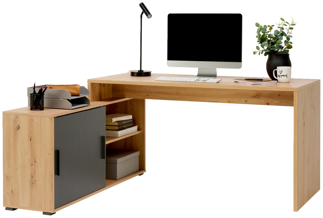 Moderne Bürokombination aus Holz mit integriertem Stauraum, Computer und Dekorationen, seitliche Perspektive