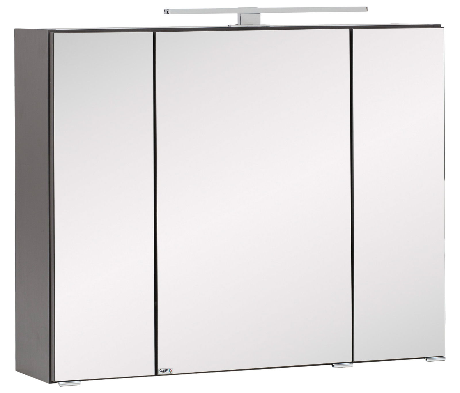 Moderner Spiegelschrank mit drei Türen und integrierter Beleuchtung, Frontalansicht.