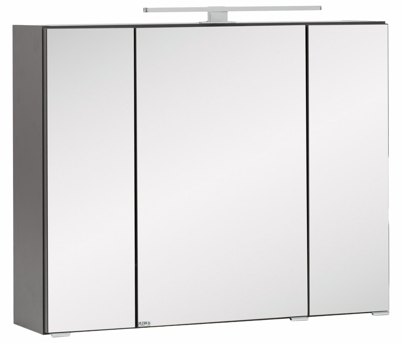 Moderner Spiegelschrank mit drei Türen und integrierter Beleuchtung, Frontalansicht.
