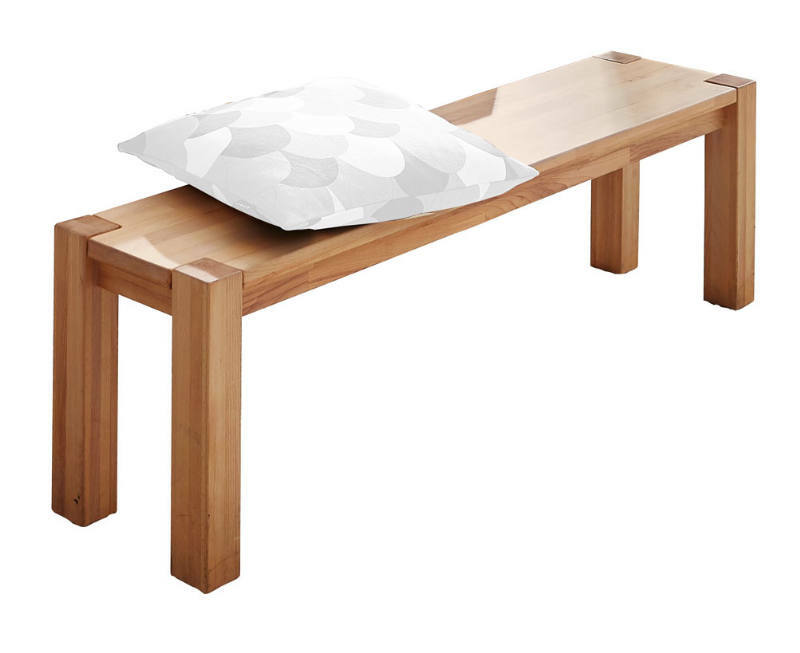 Holzbank mit Kissen, seitliche Perspektive