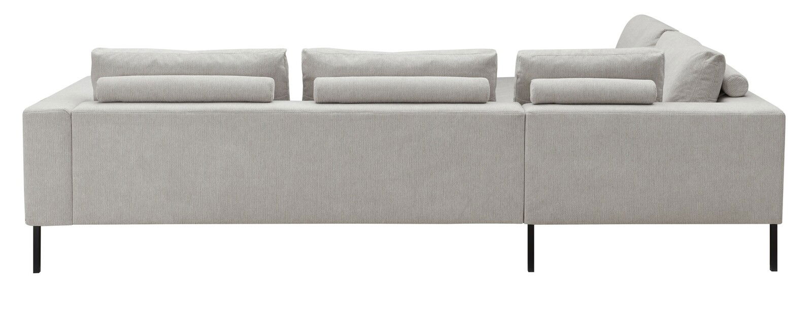 Rückansicht einer modernen, hellgrauen Eckgarnitur mit schwarzen Metallfüßen.