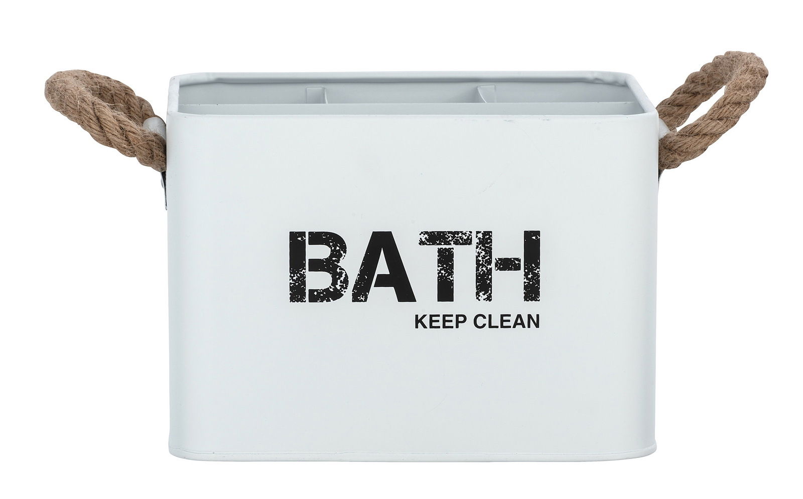 Weiße Badbox mit der Aufschrift 'BATH KEEP CLEAN', zwei Seilgriffen und vier Fächern, frontal abgebildet.