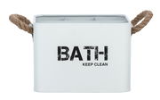 Weiße Badbox mit der Aufschrift 'BATH KEEP CLEAN', zwei Seilgriffen und vier Fächern, frontal abgebildet.