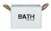 Weiße Badbox mit der Aufschrift 'BATH KEEP CLEAN', zwei Seilgriffen und vier Fächern, frontal abgebildet.